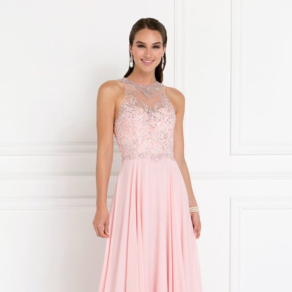 NEW LONG SLEEVELESS A-LINE CHIFFON DRESS EMBROIDERED WITH RHINESTONES GL1572
